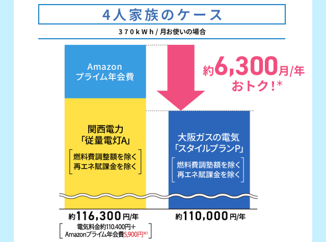 4人家族のケース 370kWh/月お使いの場合 約6,300月/年 おトク!*