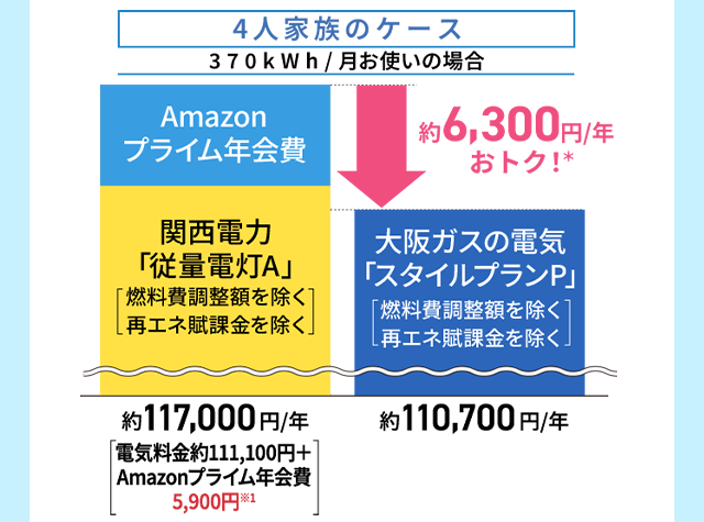 4人家族のケース 370kWh/月お使いの場合 約6,300月/年 おトク!*