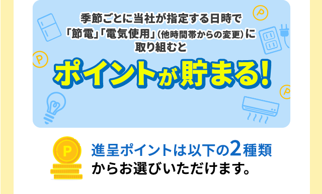  季節ごとに当社が指定する日時で「節電」「電気使用」（他時間帯からの変更）に取り組むとポイントが貯まる！ / 進呈ポイントは以下の2種類からお選びいただけます。