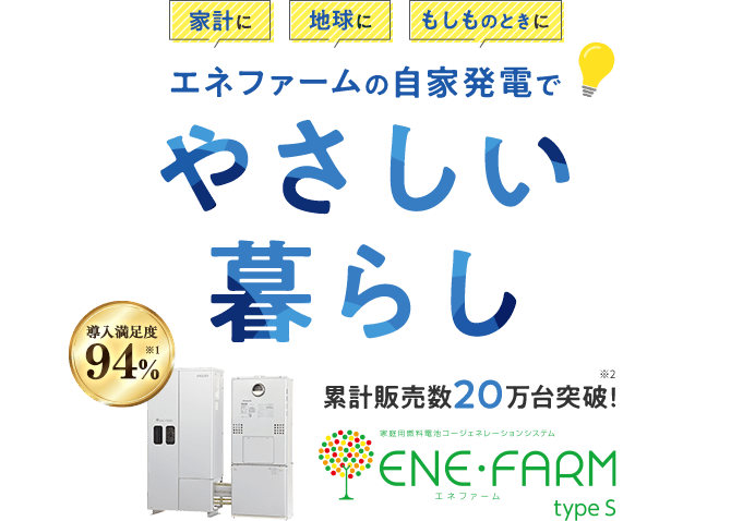 家計に地球にもしものときにエネファームの自家発電でやさしい暮らし 導入満足度94％※1 累計販売数20万台突破！※2