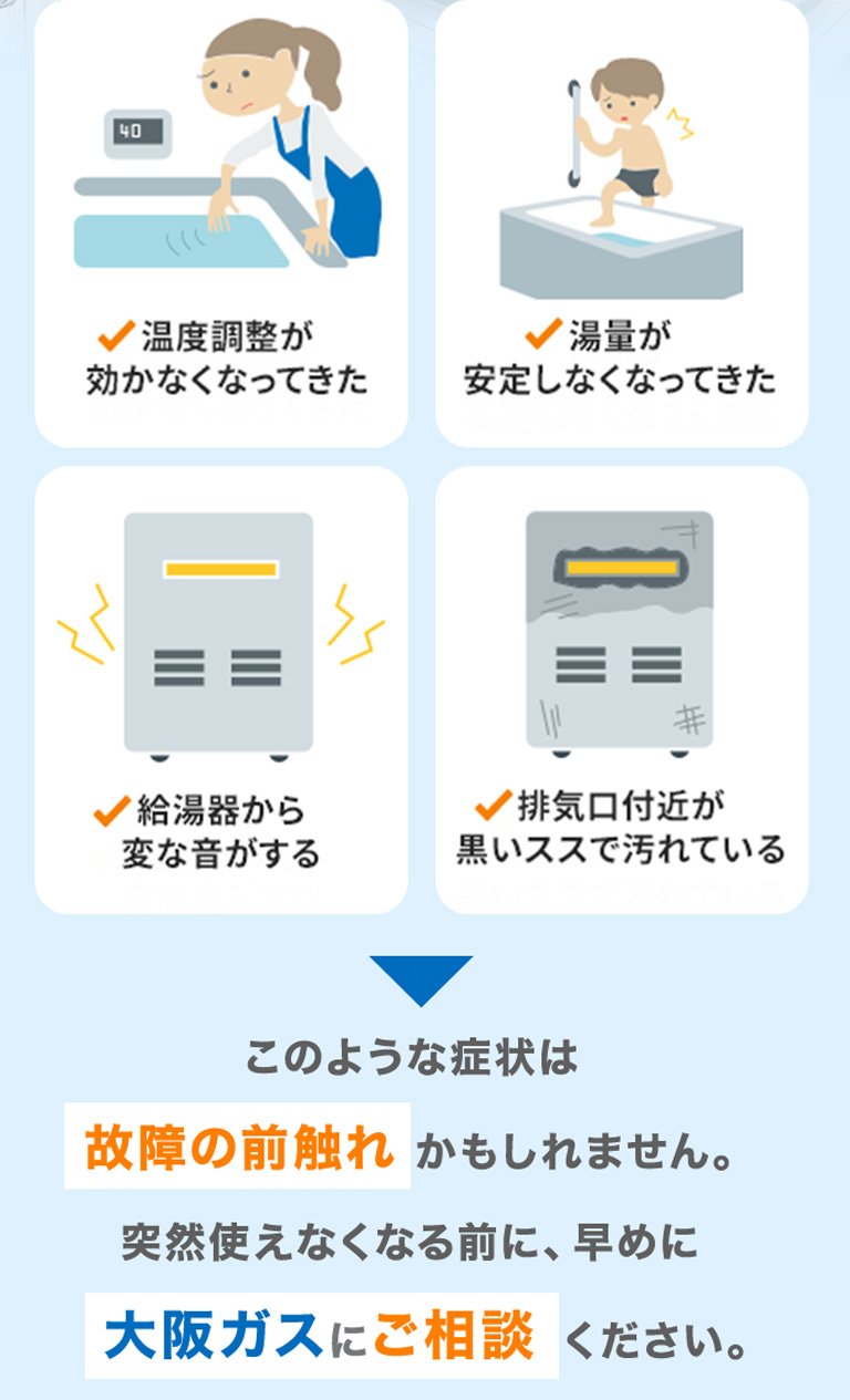 温度調整が効かなくなってきた 湯量が安定しなくなってきた 給湯器から変な音がする 排気口付近が黒いススで汚れている このような症状は故障の前触れかもしれません。突然使えなくなる前に、早めに大阪ガスにご相談ください。