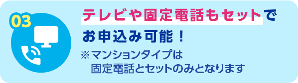 03 テレビや固定電話もセットでお申込み可能！※マンションタイプは固定電話とセットのみとなります