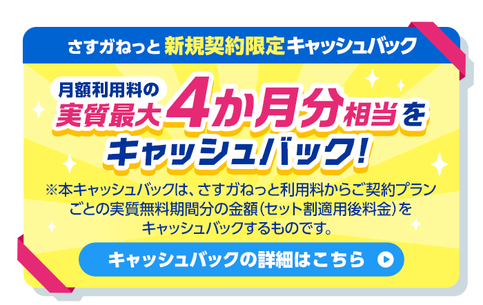 さすガねっと 新規契約限定キャッシュバック 月額利用料の実質最大4か月分相当をキャッシュバック！※本キャッシュバックは、さすガねっと利用料からご契約プランごとの実質無料期間分の金額(セット割適用後料金)をキャッシュバックするものです。キャッシュバックの詳細はこちら