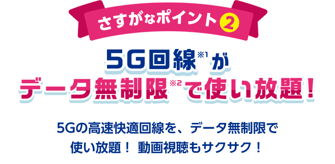 さすがなポイント2 5G回線※1がデータ無制限※2で使い放題！ 5Gの高速快適回線を、データ無制限で使い放題！動画視聴もサクサク！