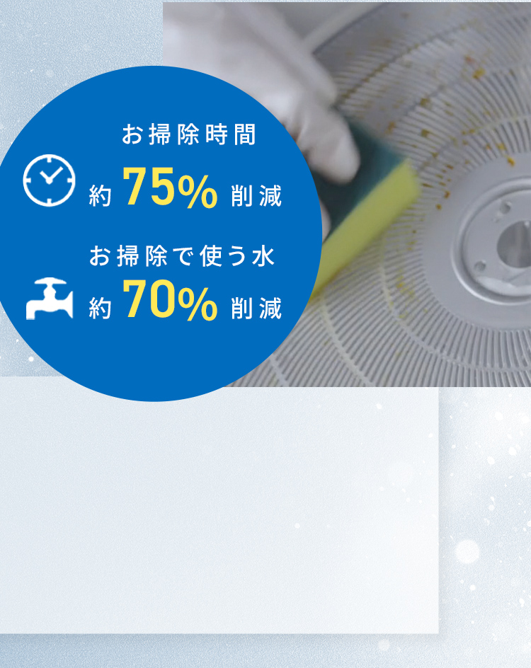 お掃除時間 約75%削減/お掃除で使う水 約70%削減