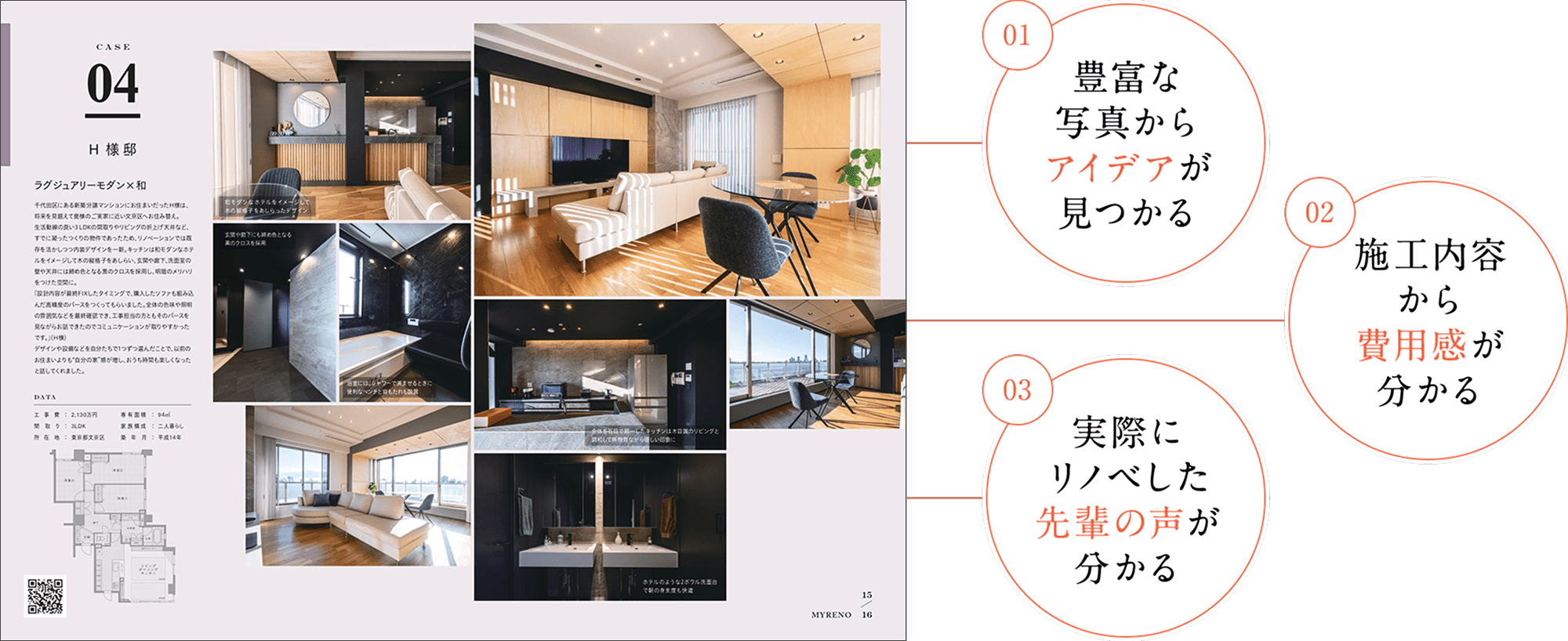 CASE04 H様邸 ラグジュアリーモダン×和 千代田区にある新築分譲マンションにお住まいだったH様は、将来を見据えて奥様のご実家に近い文京区へお住み替え。生活導線の良い3LDKの間取りやリビングの折上げ天井など、すでに凝った作りの物件だったため、リノベーションでは既存を活かしつつ内装デザインを一新。キッチンは和モダンなホテルをイメージして木の格子をあしらい、玄関や老化、洗濯室の壁や天井には黒の句トスを採用し。明暗のメリハリをつけた空間に。「設計内容が最終FIXしたタイミングで、購入したソファも組み込んだ高精度のパースを作ってもらいました。全体の色味や照明の雰囲気などを最終確認でき、工事担当の方ともパースを見ながらお話しできたのでコミュニケーションがとりやすかったです」（H様）デザインや設備などを自分たちで1つずつ選んだことで、以前のお住まいよりも「自分の家」感が増し、おうち時間も楽しくなったと話してくれました。DATA 工事費：2,130万円 専有面積：94㎡ 間取り：3LDK 家族構成：二人暮らし 所在地：東京都文京区 地区年月：平成14年 01豊富な写真からアイデアが見つかる 02施工内容から費用感が分かる 03実際にリノベした先輩の声が分かる