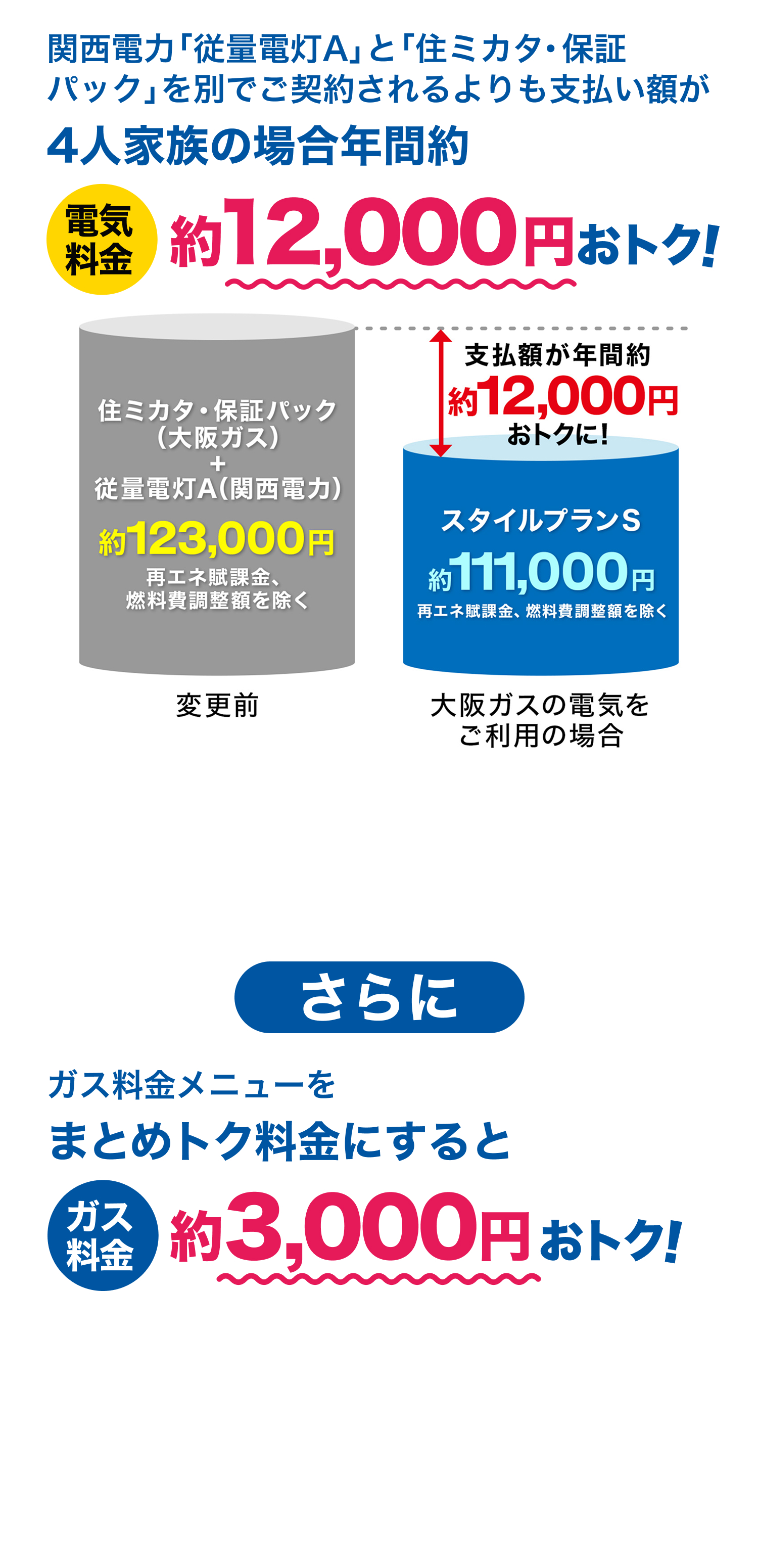 関西電力「従量電灯A」と「住ミカタ・保証パック」を別でご契約されるよりも支払い額が4人家族の場合年間約電気料金約12,000円おトク！ 変更前住ミカタ・保証パック（大阪ガス）+従量電灯A（関西電力）約123,000円再エネ賦課金、燃料費調整額を除く 大阪ガスの電気をご利用の場合 支払額が年間約12,000円おトクに！スタイルプランS約111,000円再エネ賦課金、燃料費調整額を除く さらにガス料金メニューをまとめトク料金にするとガス料金約3,000円おトク！