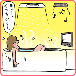浴室にミストサウナやスピーカーやテレビがあり、ゆっくりくつろげる。